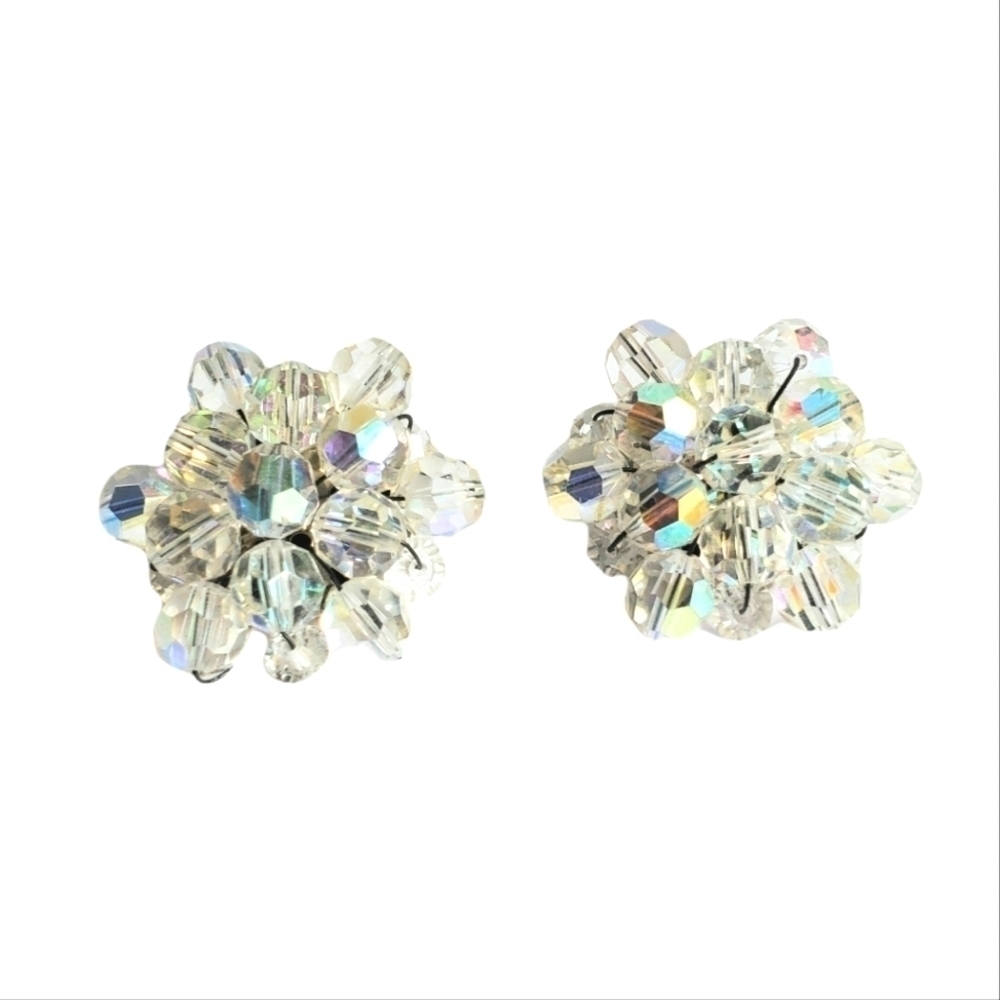Vintage Aurora Borealis Crystal Beaded Earrings Clip-On 60s Retro‎ Iridescent